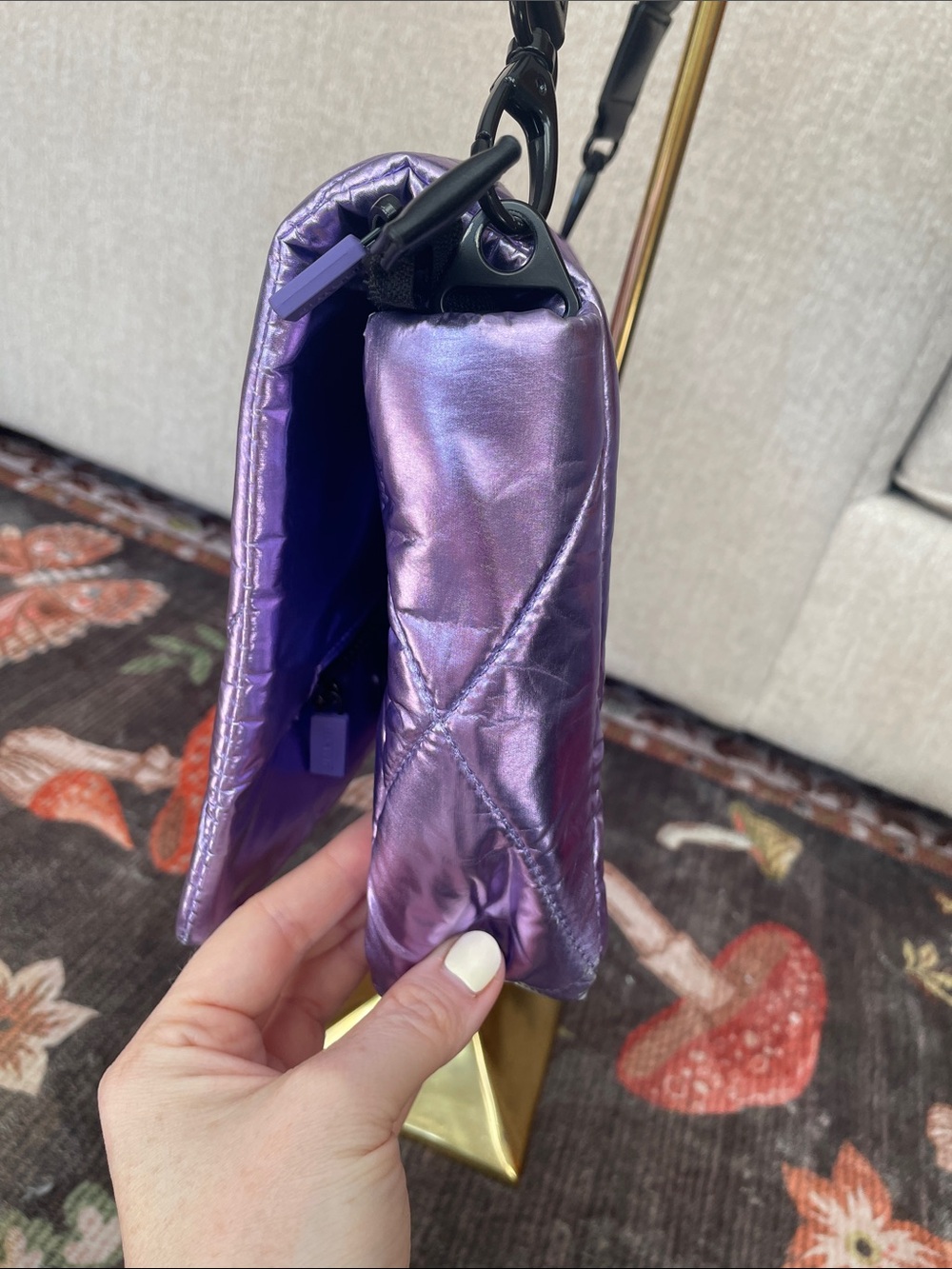 Iridescent Purple Quilted Shoulder Bag with Black Strap IHKWIP - Picture 11 of 16